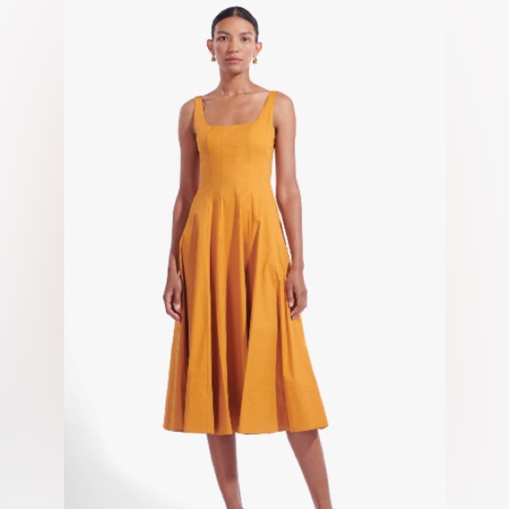 NWT STAUD Wells Midi Dress Honey Orange Pleated Size 10